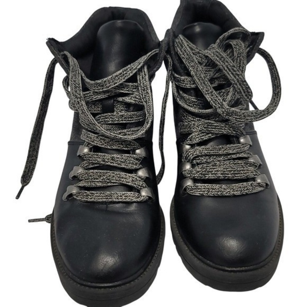 Black Faux Leather‎  Lace Up Lug Sole Ankle Hiking Boots Womens 6.5